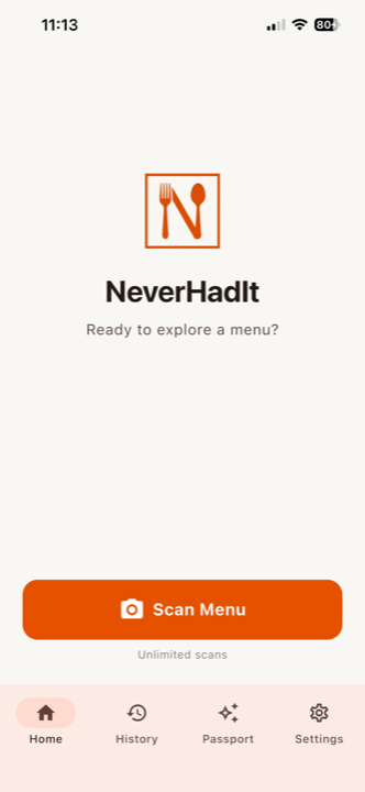 NeverHadIt home screen ready to scan a restaurant menu