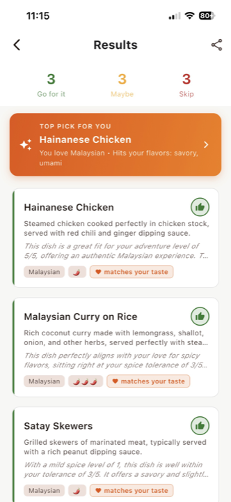 Menu scan results with dishes color-coded GREEN, YELLOW, and RED