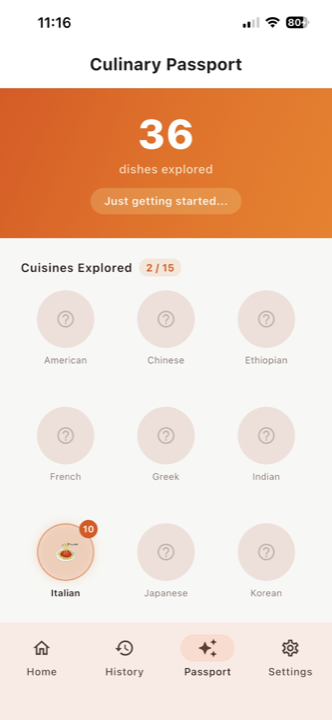 Culinary Passport tab showing stamps for cuisines tried