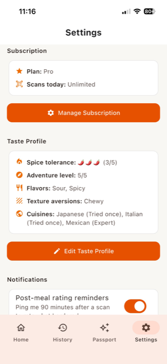 Settings screen showing the Pro subscription plan
